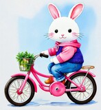 Fototapeta Pomosty - Adorable bunny on a bicycle, bunny illustration for a children's book, Generative AI Art Illustration 02