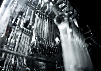 Set of hand various work tools at the showroom of a large store.