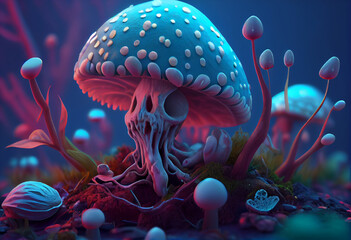 Leinwandbilder - beautiful abstract, zombie with mushrooms on autumn leaves background. generative ai technology