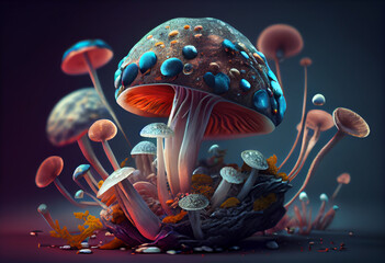 Leinwandbilder - beautiful abstract, zombie with mushrooms on autumn leaves background. generative ai technology