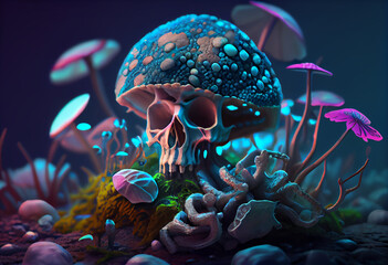 Leinwandbilder - beautiful abstract, zombie with mushrooms on autumn leaves background. generative ai technology