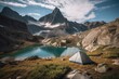 © OMD - camping in the mountains, with crystal clear lakes and towering peaks in the background, created with generative ai