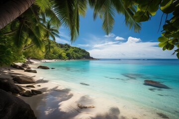 Wall Mural - lush tropical beach scene, with palm trees and warm blue waters, created with generative ai