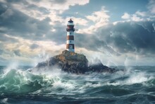 Watercolor Painting Of A Lighthouse And Sea Landscape. Generative AI