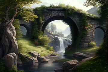 Sticker - stone bridge surrounded by lush greenery, with waterfall in the background, created with generative ai