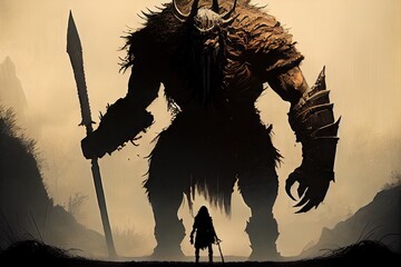 giant monster, towering over warrior with sword in hand, created with generative ai