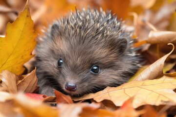 Wall Mural - baby hedgehog in a pile of crisp autumn leaves, with its quills visible, created with generative ai