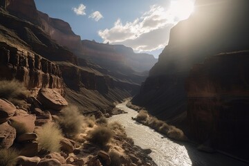 Sticker - majestic canyon with a river flowing through it, providing life to the landscape, created with generative ai