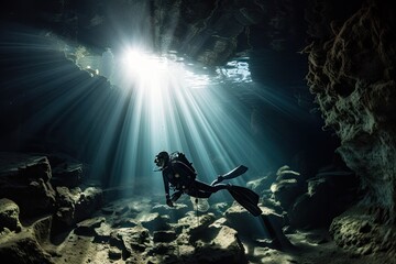 Sticker - scuba diver exploring underwater cave, with sunlight filtering through the entrance, created with generative ai