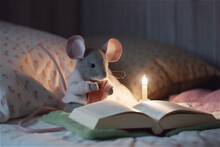 Vector illustration of little mouse in bed reading a book. Beautiful image with cartoon character. Childish background with cute animal. AI generated content