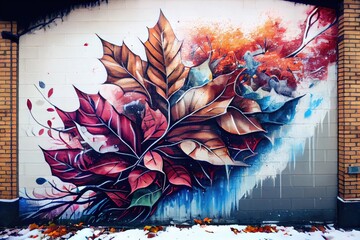 Sticker - graffiti depicting the changing seasons, with autumn leaves and winter snow, created with generative ai