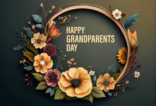 Happy Grandparents Day Round Frame Wreath Pattern With Pink Flower Buds. Generative Ai