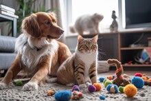 A Dog And Cat Playing Together In A Living Room, With Toys Scattered Around, Created With Generative Ai