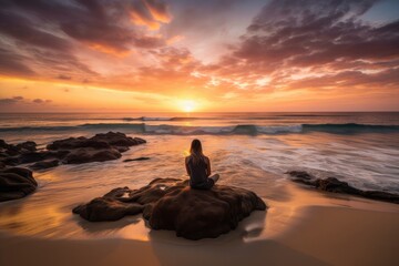 Poster - environmentalist sitting on the beach, surrounded by serene ocean views and sunsets, created with generative ai