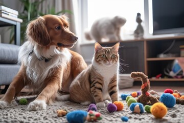 Wall Mural - a dog and cat playing together in a living room, with toys scattered around, created with generative ai