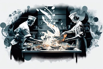 Canvas Print - dynamic kitchen with chefs, cooking and plating up a variety of dishes, created with generative ai