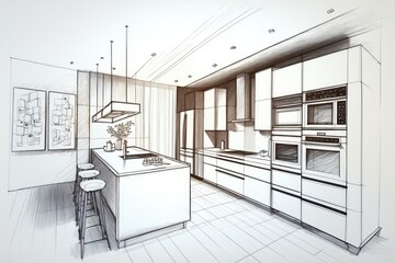 Wall Mural - kitchen with modern appliances and sleek design, sketched in pencil, created with generative ai