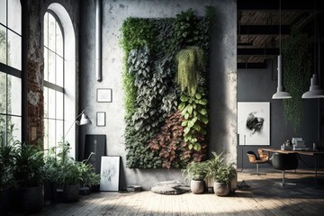 Wall Mural - a vertical garden on a white wall in an industrial interior, created with generative ai