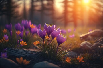 Wall Mural - Purple crocuses, among the earliest spring flowers to emerge, are a sight to see. Sunlight at dusk in the woods. the copy space is horizontal. Generative AI