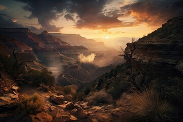 Canvas Print - canyon with dramatic sunset in the background, bringing warm and cool tones to the scene, created with generative ai