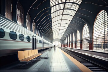 Wall Mural - refurbished train station with modern amenities and sleek design, serving passengers of the future, created with generative ai