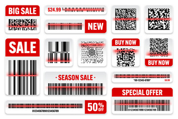 Product barcodes and QR codes with red scanning line. Sale stickers, discount label or promotional badge. Serial number, product ID. Store, supermarket scan labels, price tag. Vector illustration