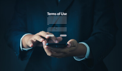 Terms of use business concept. Businessman Sign Terms of use and reading  terms and conditions of website or service before clicking button accept or decline, online banking check budget planning.