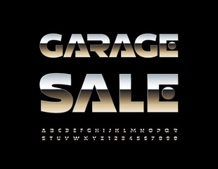 Wall Mural - Vector artistic emblem Garage Sale with Trendy Silver Font. Creative Steel Alphabet Letters, Numbers and Symbols