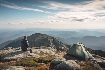 Poster - a backpacker taking in the view from a mountain summit, with their tent and gear visible in the background, created with generative ai