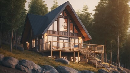 Cabin exteror house design in daytime golden hour generative ai