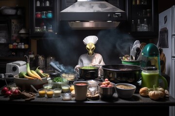 Poster - alien chef cooking up unique and delicious culinary creations in a bustling kitchen, created with generative ai