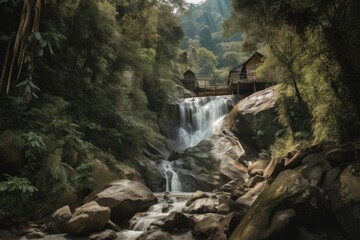 Poster - off-the-beaten-path destination with a view of cascading waterfalls and forest scenery, created with generative ai