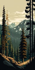 Wall Mural - scene with pine trees and rugged mountains. generative ai