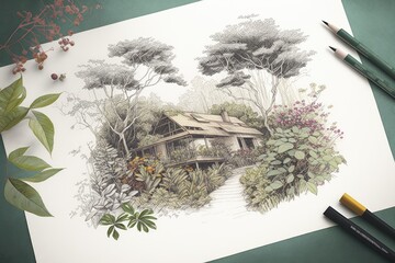 Canvas Print - modern house surrounded by lush greenery, with pencil-drawn flowers in the foreground, created with generative ai