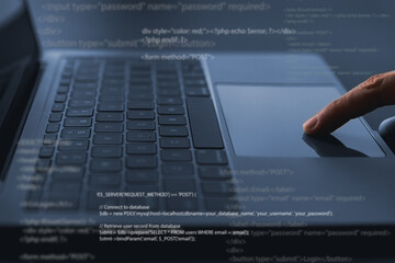 Wall Mural - software developer or programmer coding program with laptop. create intelligence innovation. compute