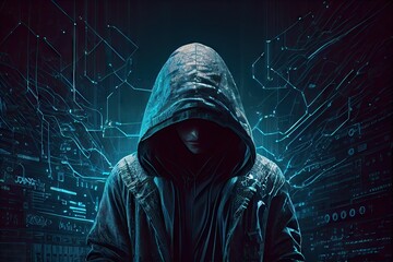 Poster - intense and dramatic scene, with hooded hacker in the midst of breaking into secure system, created with generative ai