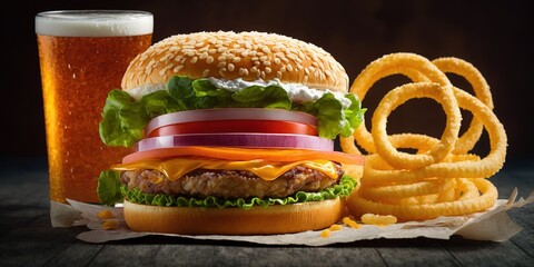 Wall Mural - Burger, soft drink, and onion rings up close. Generative AI