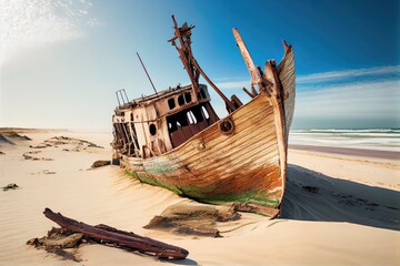 Wall Mural - remains of ship run aground on deserted beach, with broken mast and broken hull, created with generative ai