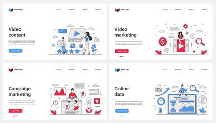 Poster - Video content, marketing campaign and online data research set vector illustration. Cartoon tiny people work with magnifying glass, statistics charts reports on laptop desktop, digital analytics