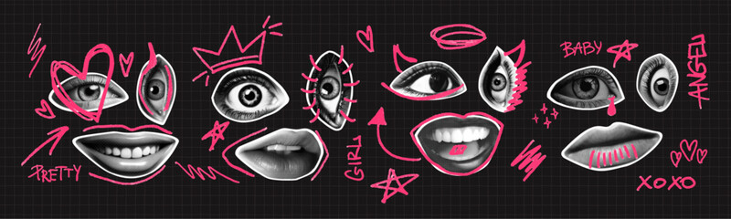 Wall Mural - Woman lips and eyes as retro halftone collage elements with girly doodles for mixed media design. Cutout magazine shapes, girl faces in dotted pop art style. Vector illustration, grunge punk crazy art