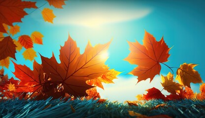 Wall Mural - blue sky and grass covered with maple leaves in the fall generative ai