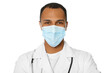 © New Africa - Doctor or medical assistant (male nurse) with protective mask and stethoscope on white background