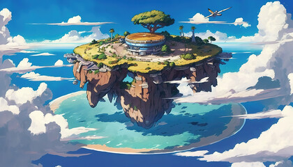 Wall Mural - a flying creative island in the sky, fantasy anime manga artwork, generative ai technology