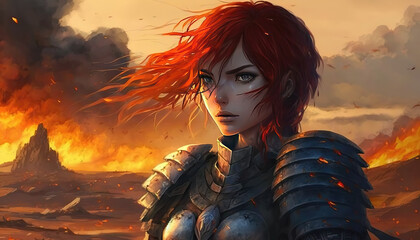 a brave and strong looking medieval warrior woman, red hair, generative ai technology