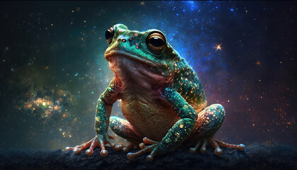 a realistic inspired frog in space, thinking mind position, generative ai technology