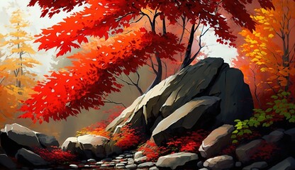 Wall Mural - A picturesque autumn scene, complete with red maple leaves, rock trees, and green grass. Generative AI