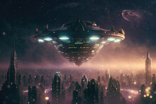 AI Generated High Contrast Image Of UFO Over City At Night With Light Rays