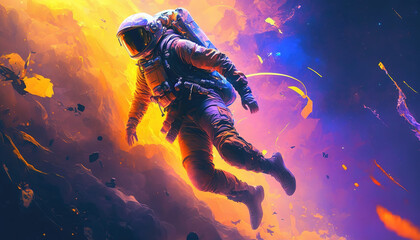 an abstract and colorful illustration of an astronaut flying in space, cartoon colors, generative ai