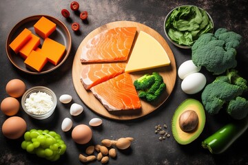 Wall Mural - Concept of a nutritionally-balanced ketogenic diet. Ketogenic, low-carbohydrate cooking items in a wide variety. leafy greens, red meat, wild salmon, dairy products, and eggs Generative AI