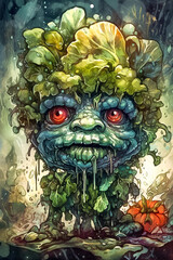 Wall Mural - Watercolor humor halloween illustration of a monster spinach. Generative AI